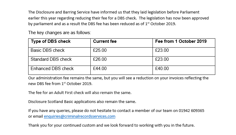 DBS Fee Changes